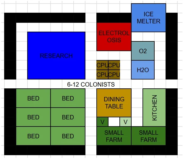 The Crust modular habitat blueprint with dining table, kitchen and two small farms for 6-12 colonists.